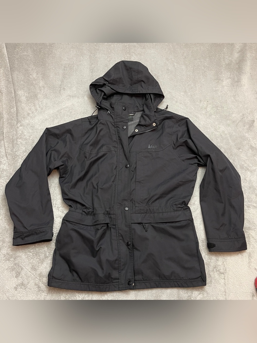 REI Elements Womens M Black Rain Jacket Full Zip Hooded Nylon Parka Coat